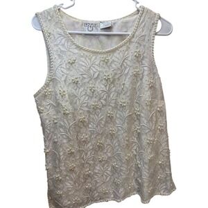 Cervelle Womens Ivory Floral Lace Beaded Sleeveless Tank Top Shell Size Medium